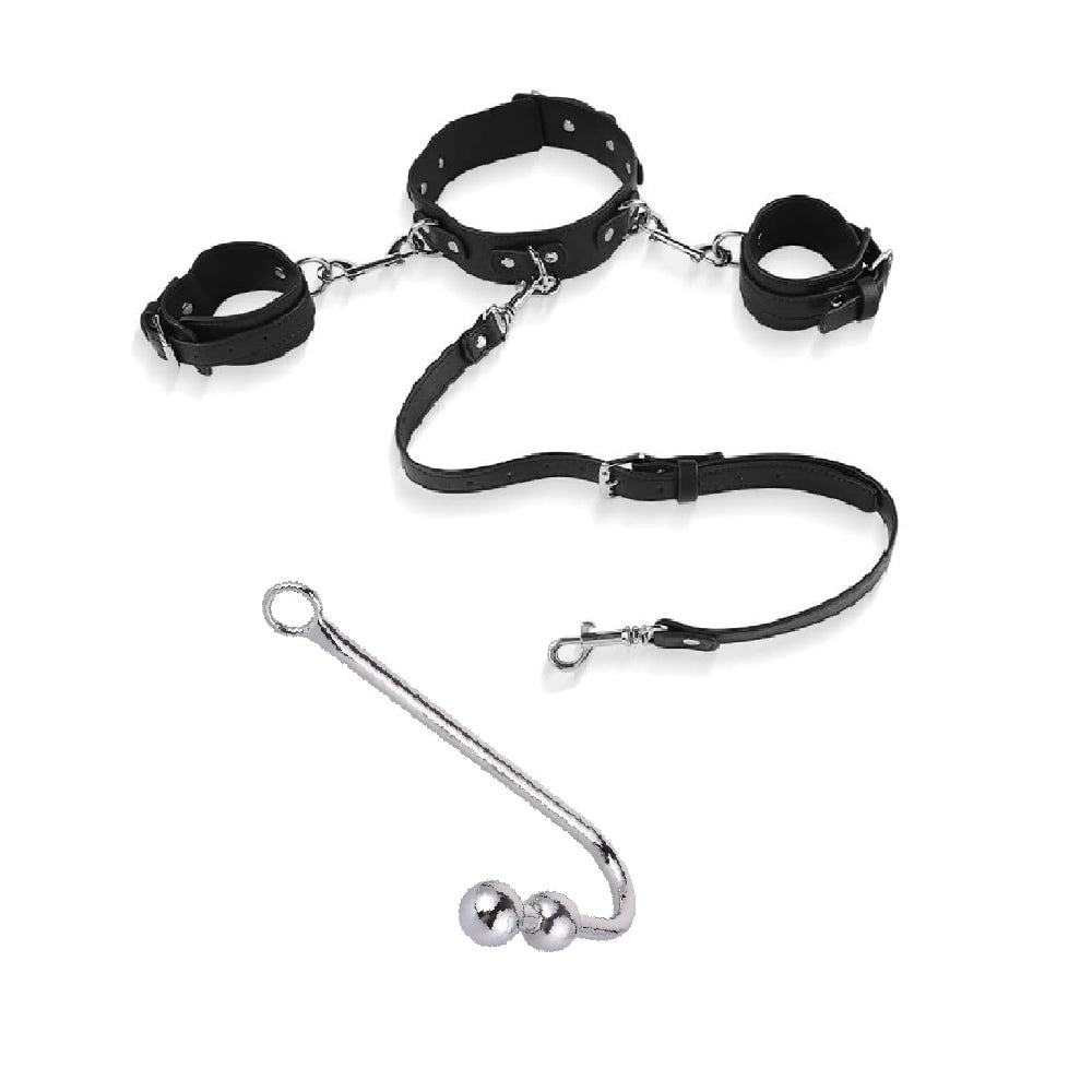 The black PU leather and stainless steel hook, with men butt, ensures intense sensations with leather, beads for an elevated BDSM experience.