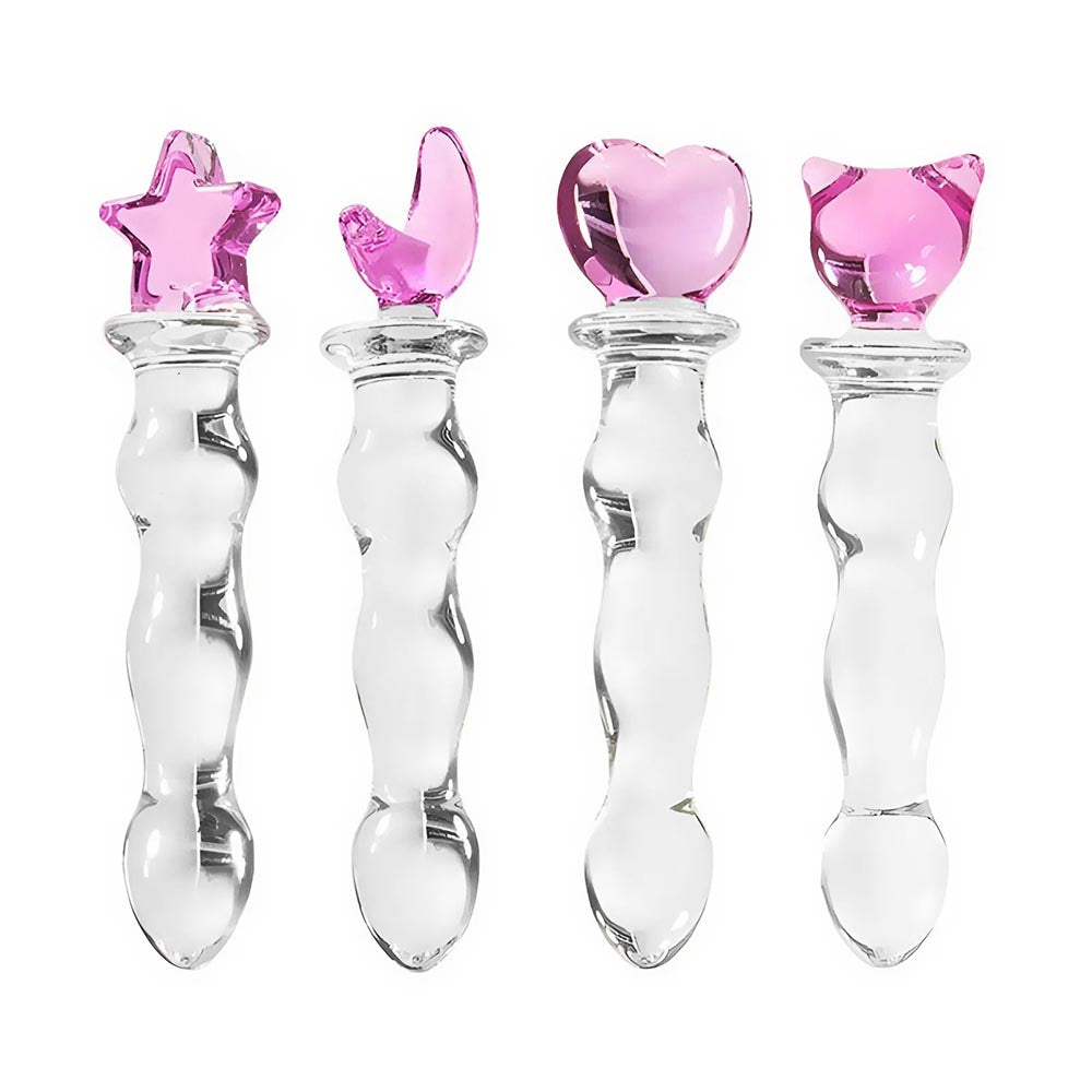Loveplugs offers this elegant glass, clear pink dildo with a flared base. The pink handle ensures secure control. glass