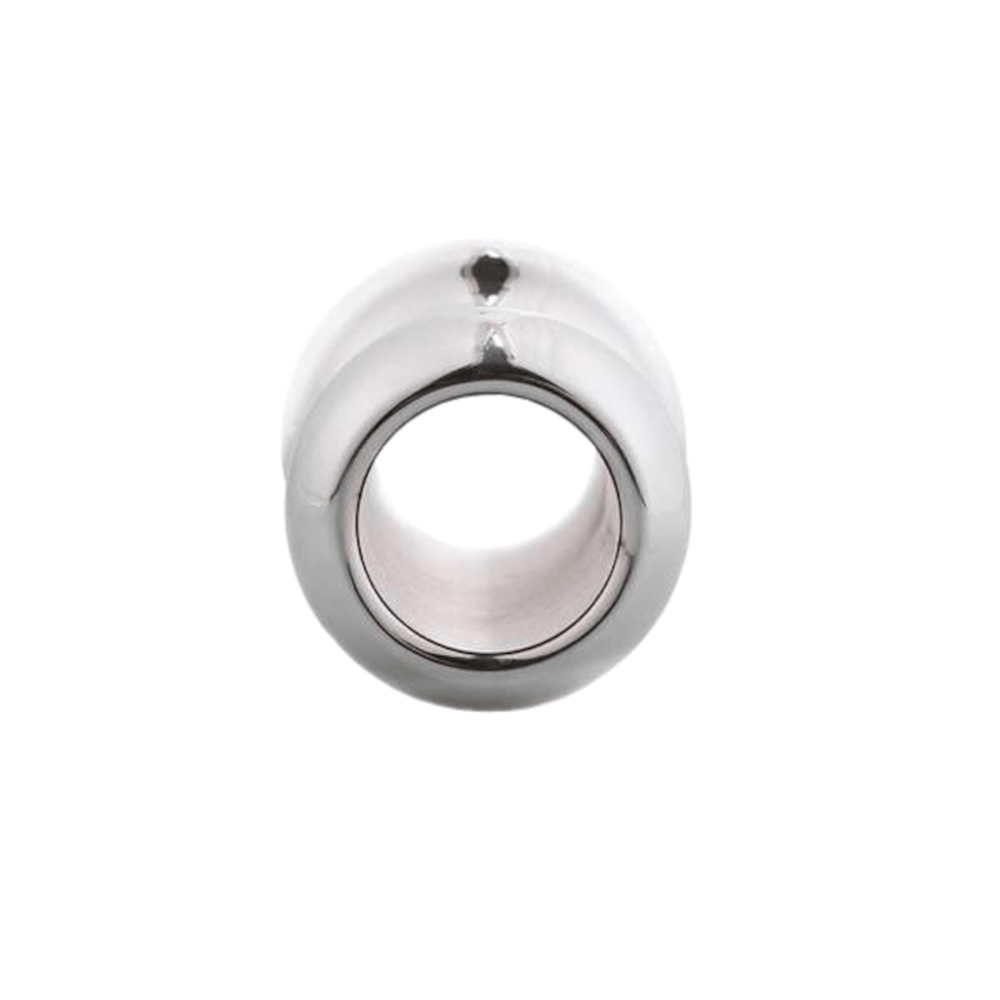 The beginner sex toy offers a hollow, stainless steel experience in custom sizes. Its silver alloy styling adds versatility.