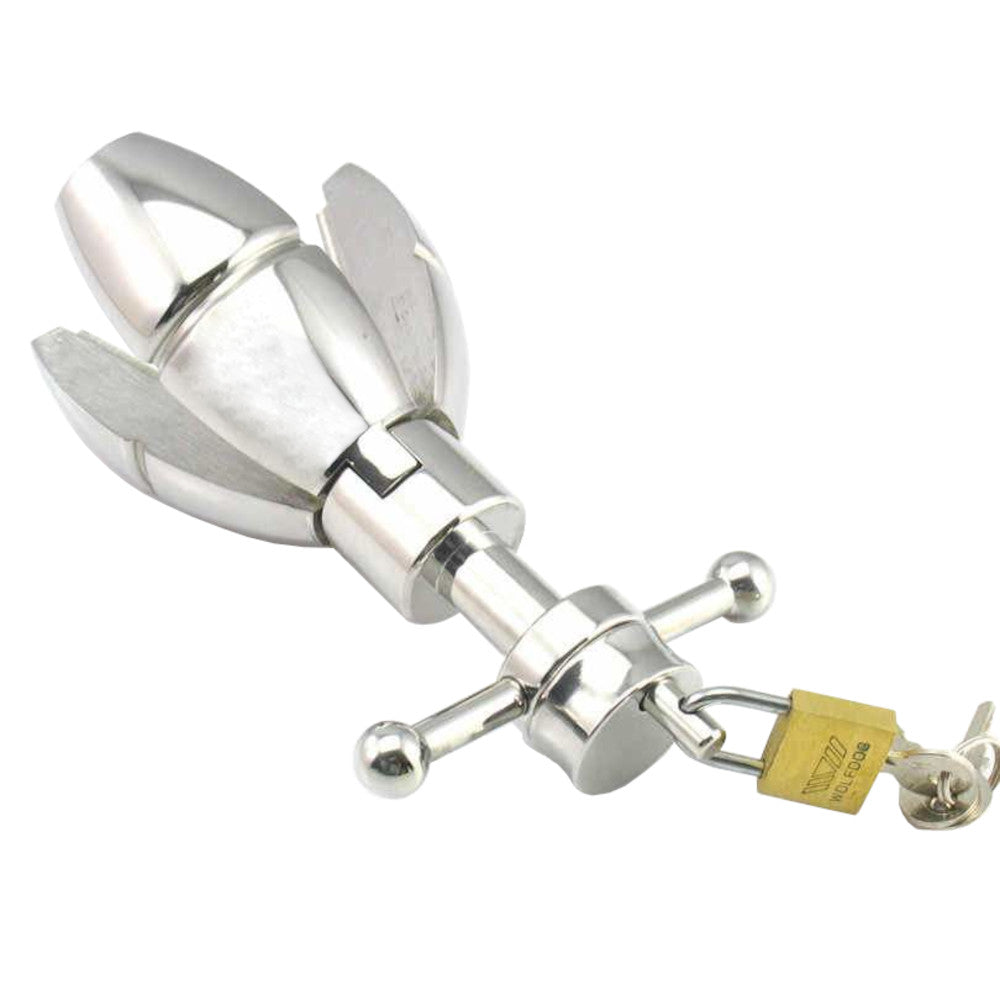This image showcases a dilator, steel plug made of stainless steel with an adjustable bulb. Plugs locking offer customizable sensations.