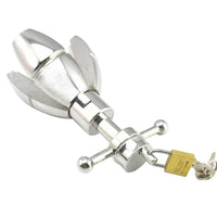 This image showcases a dilator, steel plug made of stainless steel with an adjustable bulb. Plugs locking offer customizable sensations.