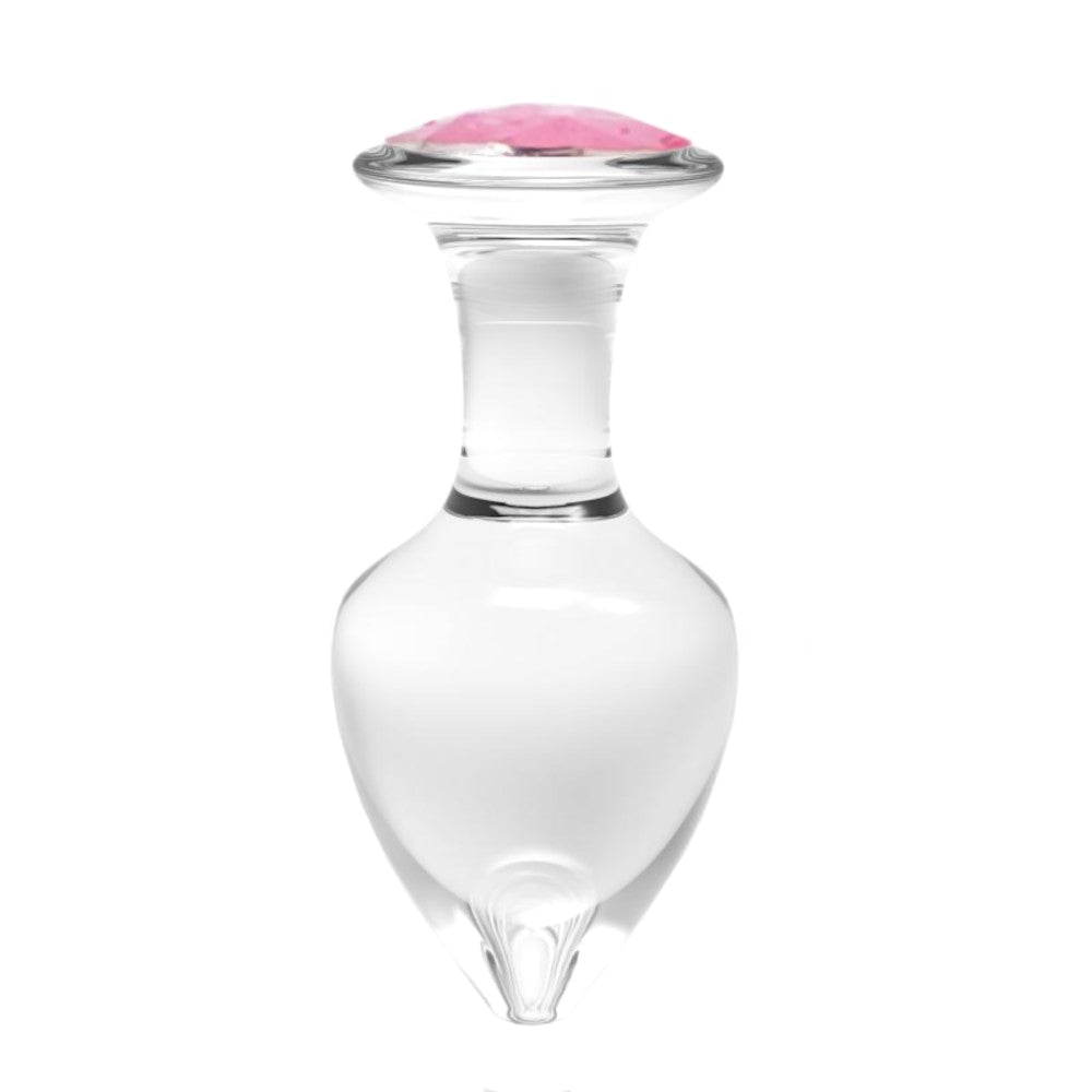 Experience elegant, jeweled anal pleasure with vibrating glass Plugs, featuring a pink base, rose accents, and rain-like sensations!
