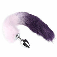 The product features a 16" purple, fluffy tail with a smooth stainless steel sex toy, perfect for sex toys fox lovers, available in pink, purple, white, and light accents.