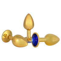 A luxurious golden sex toy, perfect for couple play, made from stainless steel, metal butt, stretching with a jeweled, small, golden, steel type