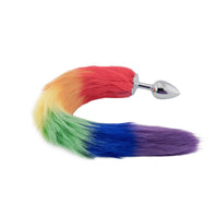 Feel like a hot fox with this rainbow, fox sex toys tail. Metal sex toy feels solid inside while you sway your colorful tail, silver