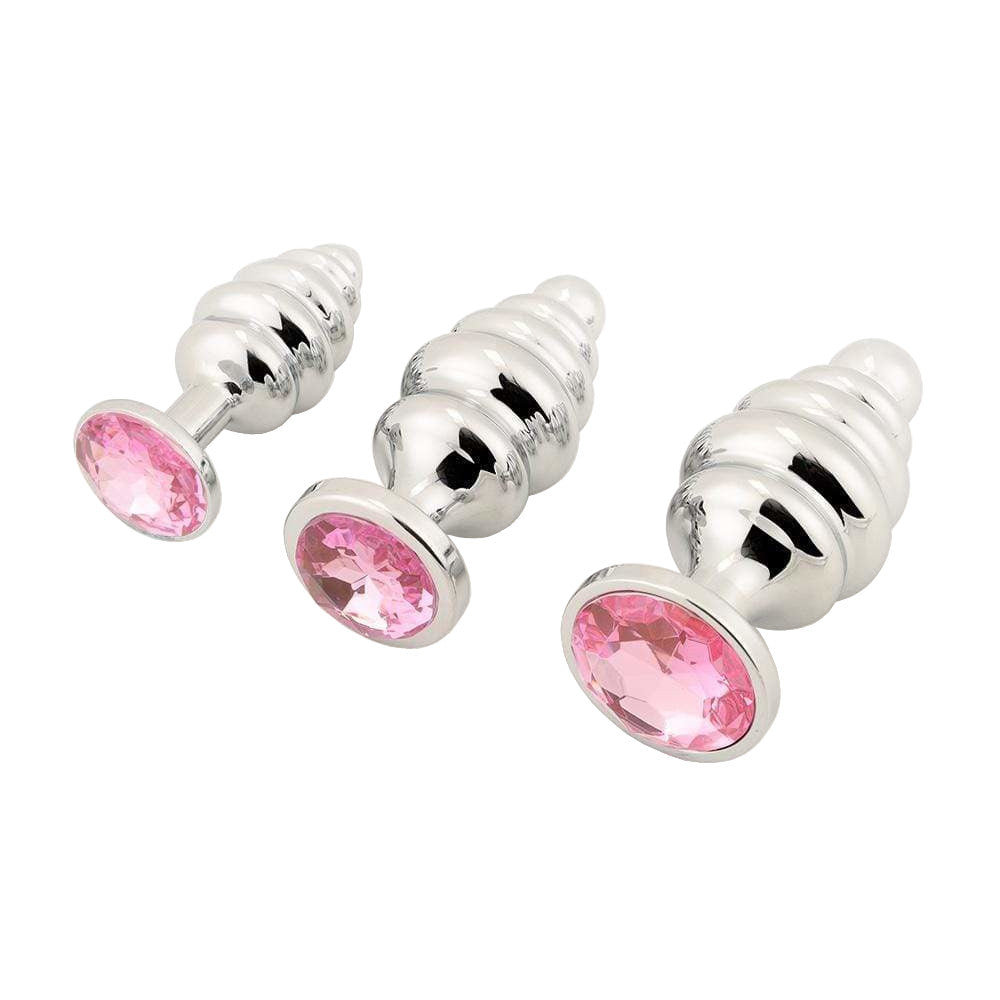 Pink Ribbed Jeweled Anal Training Set (3 Piece) Loveplugs Anal Plug Product Available For Purchase Image 1