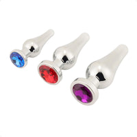 These jeweled, sex toy steel training plugs are safe for beginners. The ascending sizes provide control, jewel, purple, red, blue