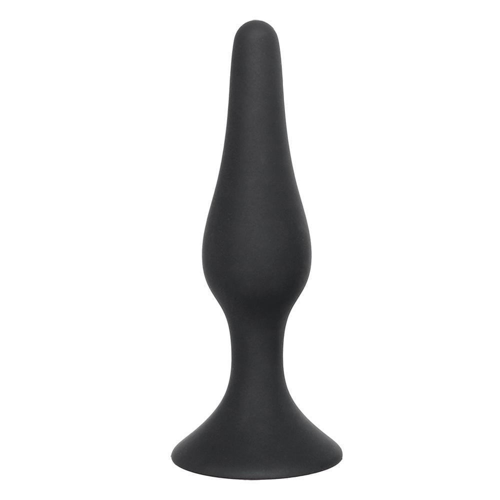 Sized sex toys in black silicone for play. The tapered medium set offers a base with a red end, making sex toys huge, safe, and comfortable to use.