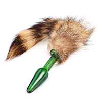 Indulge your wild side with this luxurious plug, crafted from Pyrex glass and synthetic fur. sex toys raccoon, enjoy the smooth black, fur, green, and glass