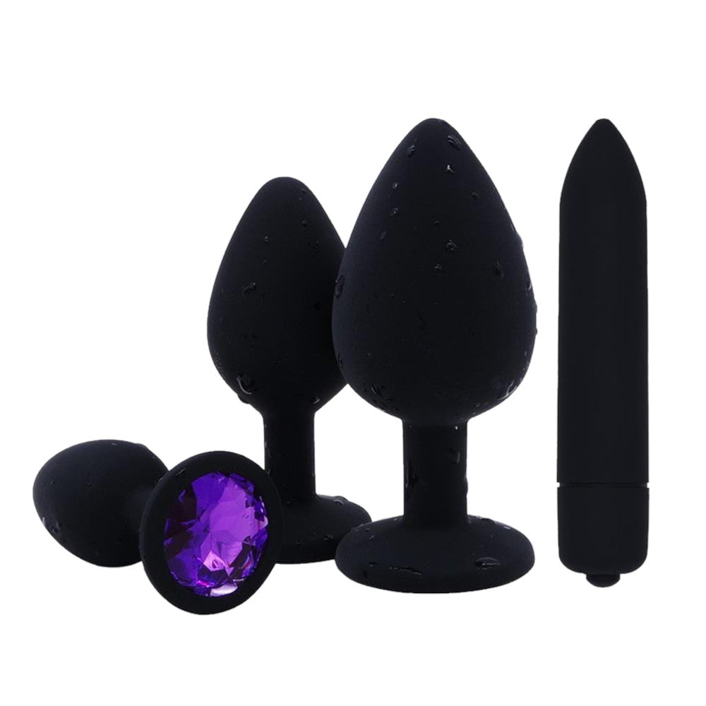Explore new sensations with this 3pcs set featuring sex toy silicone, jeweled sex toys, a medium vibrator, and a pump for extra stimulation!
