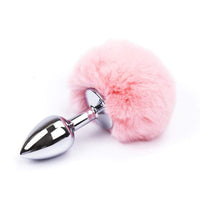 A large, stainless steel plug with sexy pink and white synthetic fur makes your behind look cute while you wear this bunny tail. Fluffy, heavy, and satisfying sex toy.