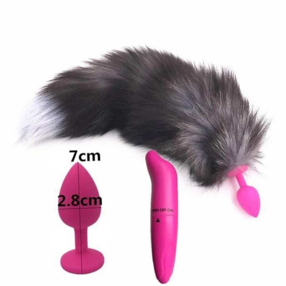 15" Dark Fox Tail with Pink Silicone Princess-type Plug and Extra Vibrator Loveplugs Anal Plug Product Available For Purchase Image 3