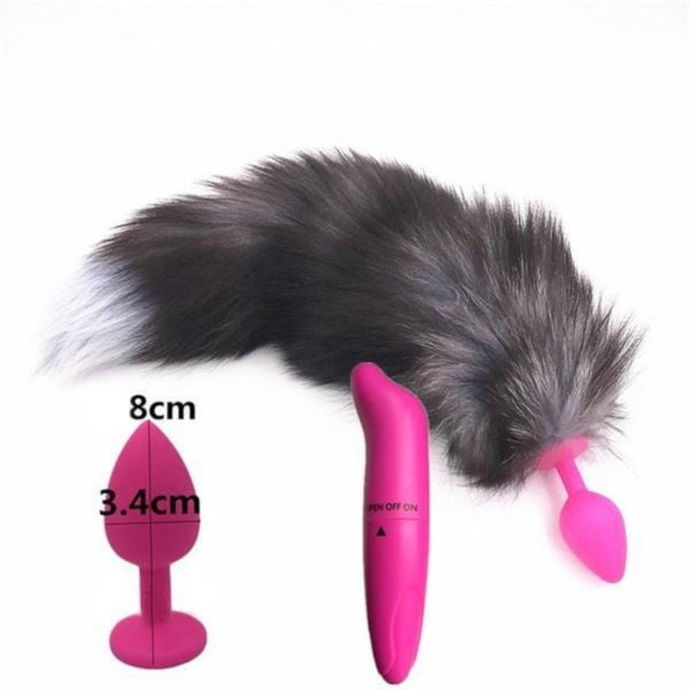 15" Dark Fox Tail with Pink Silicone Princess-type Plug and Extra Vibrator Loveplugs Anal Plug Product Available For Purchase Image 4