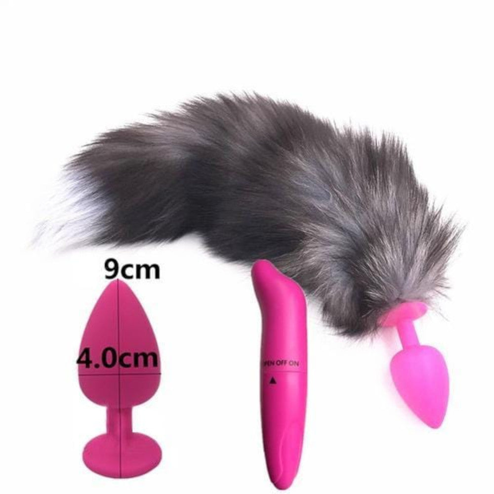 15" Dark Fox Tail with Pink Silicone Princess-type Plug and Extra Vibrator Loveplugs Anal Plug Product Available For Purchase Image 5