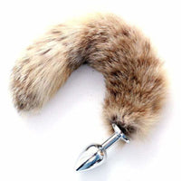 A brown raccoon tail, made from synthetic fur, with a metal stainless steel sex toy, adds a sleek animal touch to your raccoon sex toys.
