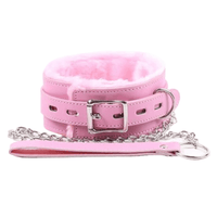 Fluffy Pink Leather Collar With Leash