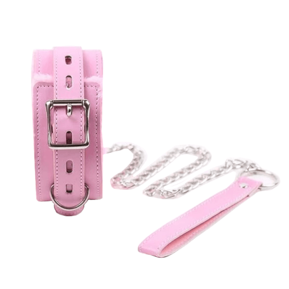 Fluffy Pink Leather Collar With Leash