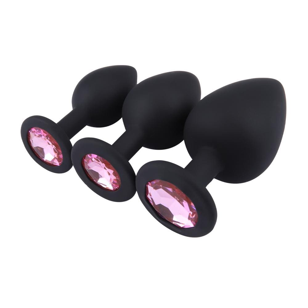 Pink Jeweled Black Silicone Butt Plugs, 3 Piece Set Loveplugs Anal Plug Product Available For Purchase Image 1