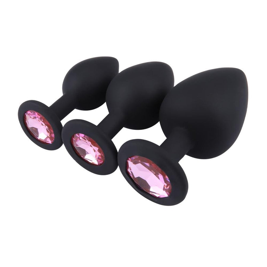 Pink Jeweled Black Silicone Butt Plugs, 3 Piece Set Loveplugs Anal Plug Product Available For Purchase Image 40