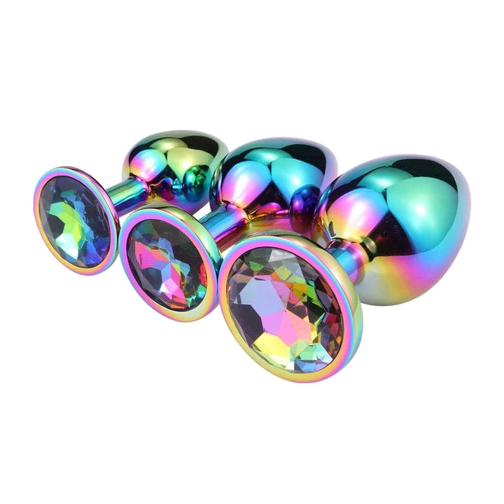 Feel the smooth glide of stainless, ear metal as you explore with this stunning training plug set. The rainbow colors shimmer beautifully.