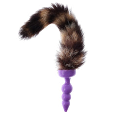 Indulge in a sensual, wild experience with the soft silicone plug, featuring raccoon sex toys. Its brown, black fur, purple beads, and animal-like ear-tail