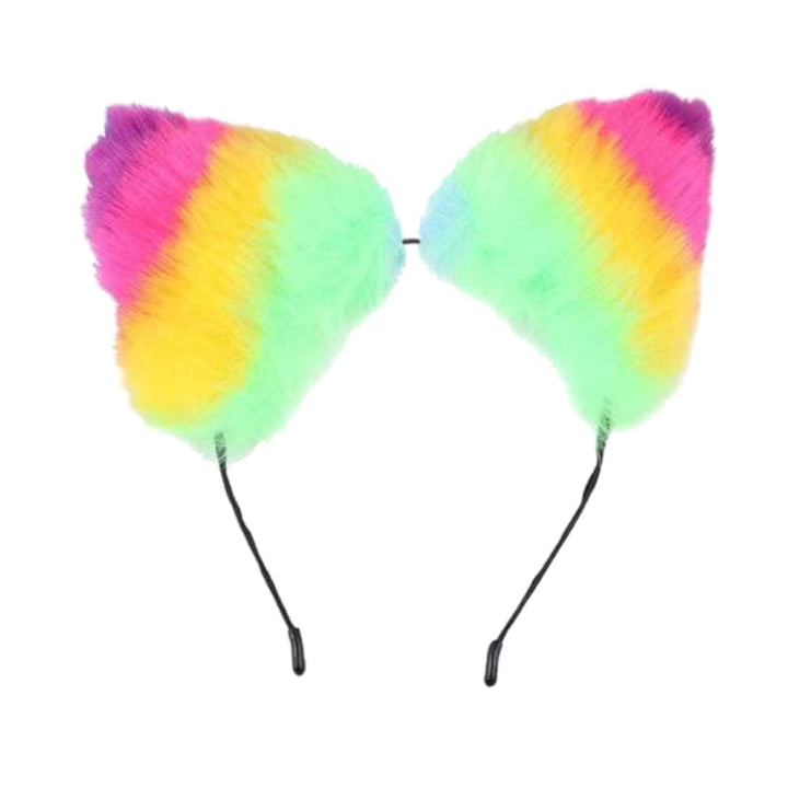 A rainbow, frisky headband made with vibrant colors that feels sturdy, stays in place, and matches toys fox for roleplay fun!
