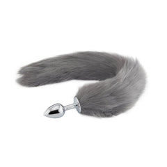 This LGBT-friendly, 18" grey fox sex toy, made from stainless steel and synthetic fur, enhances your kinky experience with gray, metal, silver, and white fox sex toys.