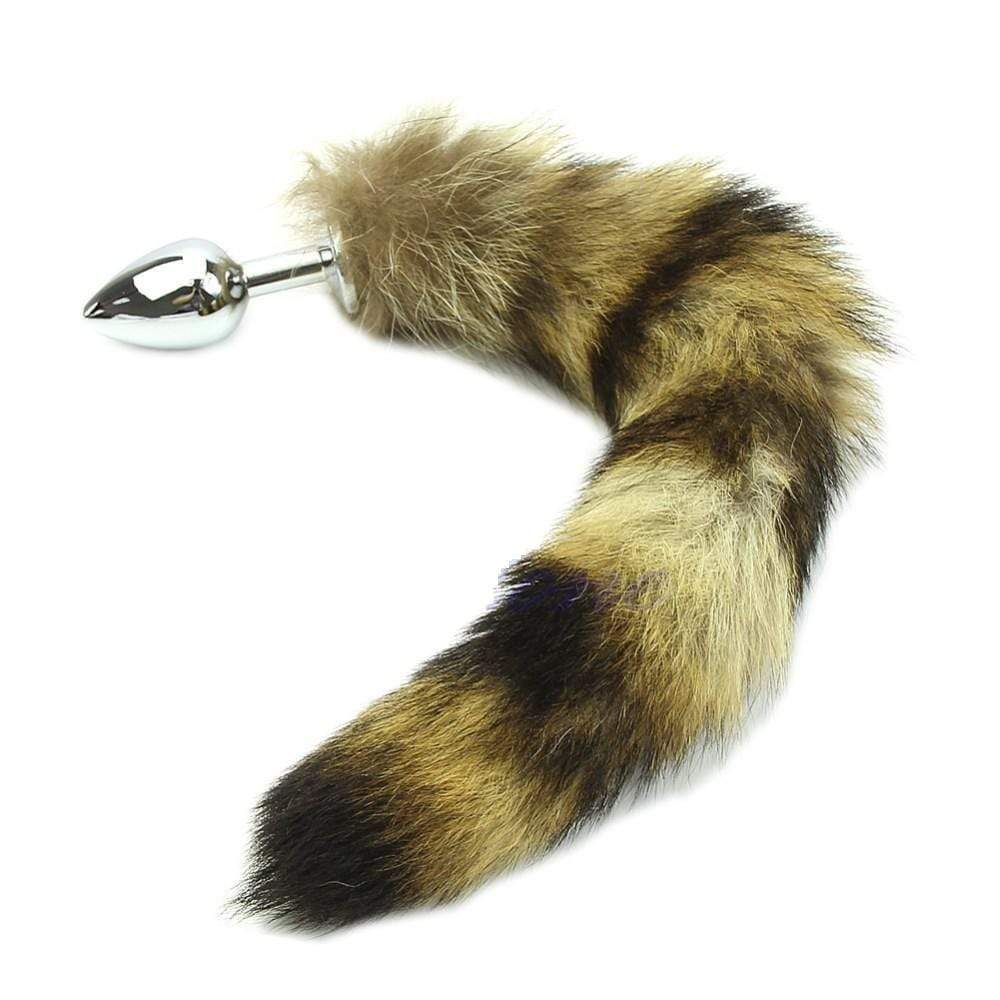 12" Tail Butt Plug Khaki and Black Raccoon Stainless steel