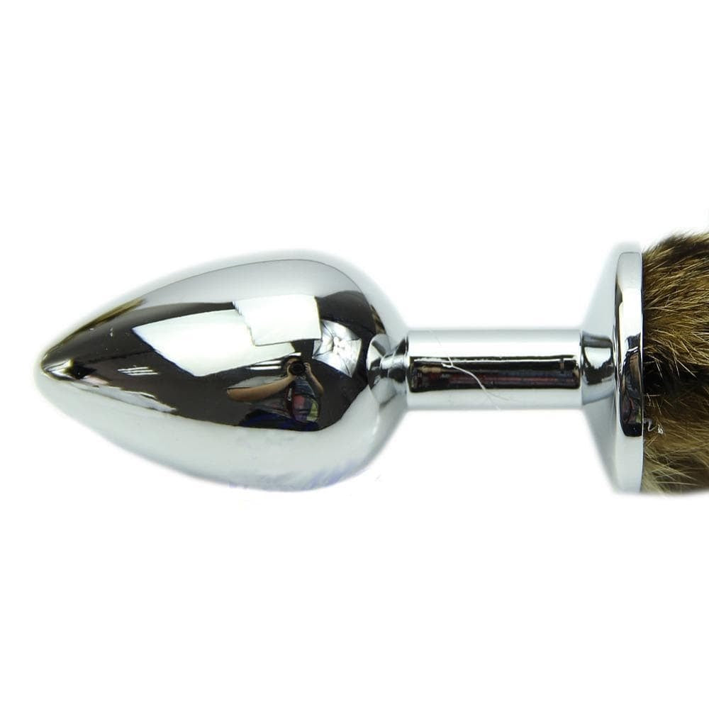 8" Tail Butt Plug Khaki and black Raccoon Tail Butt Plug Stainless steel Loveplugs Anal Plug Product Available For Purchase Image 2