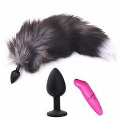 15" Dark Fox Tail with Black Frosted Metal Plug and Extra Vibrator